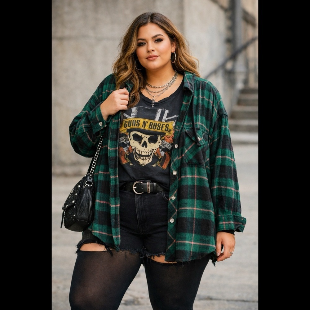 MAURICES Green Plaid Hooded Flannel Top - Picture 1 of 7